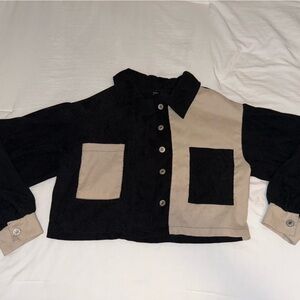 Two-Tone Black and Beige Button-Up Cardigan